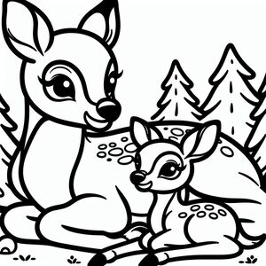 A deer and a baby deer sitting in the grass