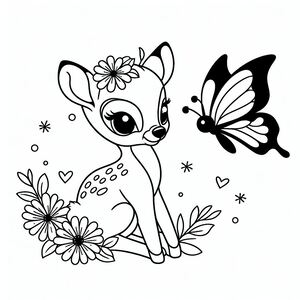 A coloring page with a deer and a butterfly