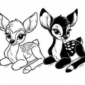 A black and white drawing of a baby deer and a baby deer