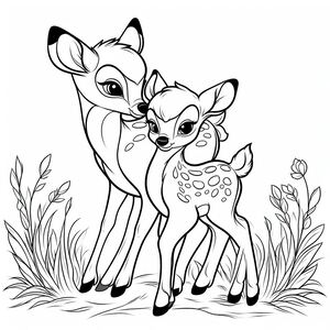A baby deer standing next to an adult deer