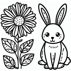 A black and white drawing of a rabbit next to a flower