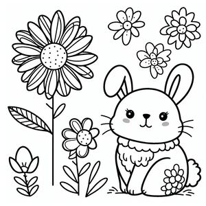 Một chú thỏ dễ thương ngồi trên cánh đồng với hoa