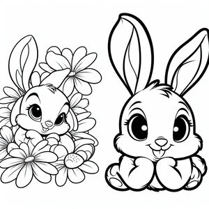 A cartoon bunny and a bunny with flowers