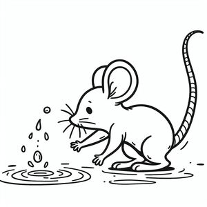 A cartoon mouse playing with a puddle of water