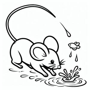 A coloring page of a mouse in the water