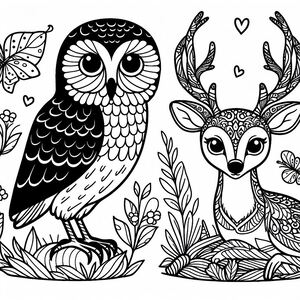 An owl and a deer are sitting in the grass