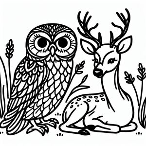 An owl and a deer sitting next to each other