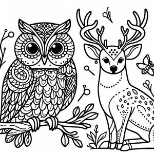 An owl and a deer sitting on a branch