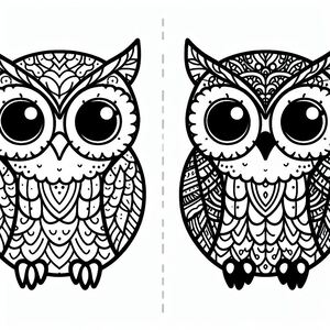 Two pictures of an owl with big eyes