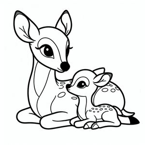 A deer and a baby deer sitting on the ground