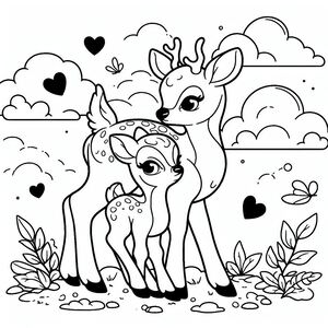 A mother deer and her baby deer in the woods