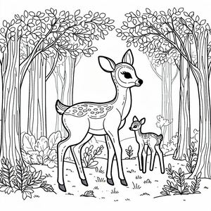 A deer and her baby in the woods