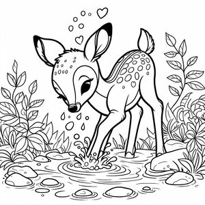 A baby deer is drinking water from a pond
