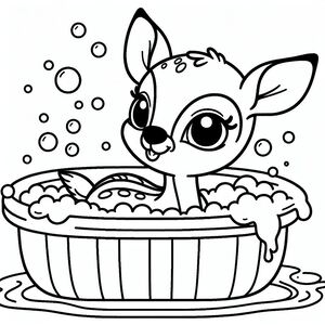 A cartoon deer taking a bath in a tub