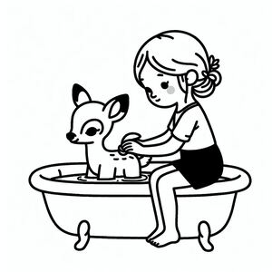 A little girl washing a dog in a bathtub