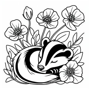 A black and white drawing of a hedge surrounded by flowers