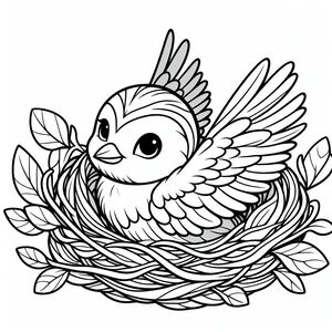 A bird sitting on top of a nest filled with leaves