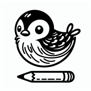 A black and white drawing of a bird with a pencil