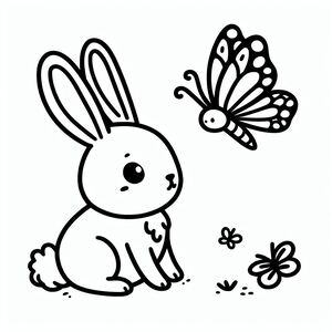 A bunny and a butterfly sitting next to each other