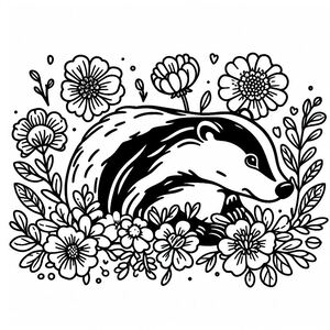 A badger surrounded by flowers and daisies