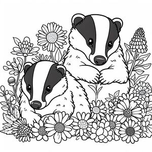 Two badgers are sitting in a flower garden