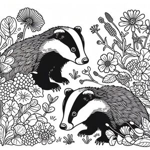 Two badgers in a field of flowers and daisies