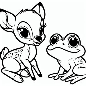 A coloring page of a baby deer and a frog