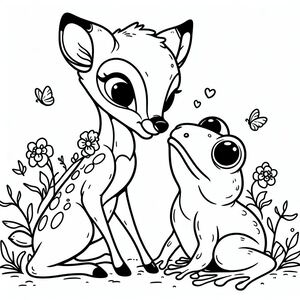 A coloring page of a baby deer and a mother deer