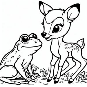 A little deer and a frog sitting on the ground
