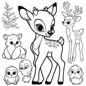A coloring page of a baby deer surrounded by other animals