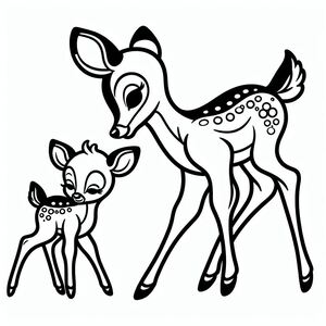A black and white drawing of a deer and a baby deer