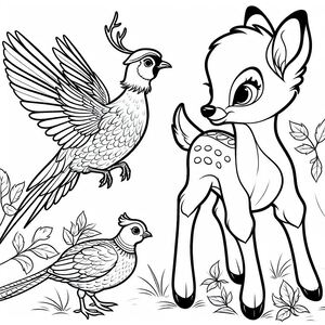 A deer and a bird in the forest