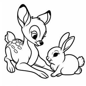 A baby deer and a baby rabbit sitting next to each other