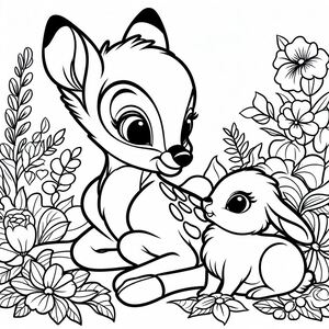 A baby fox playing with a baby rabbit in a field of flowers