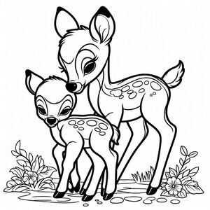 A baby deer standing next to its mother