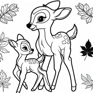 A deer and a baby deer in a forest with leaves
