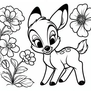 A cartoon deer with flowers in the background