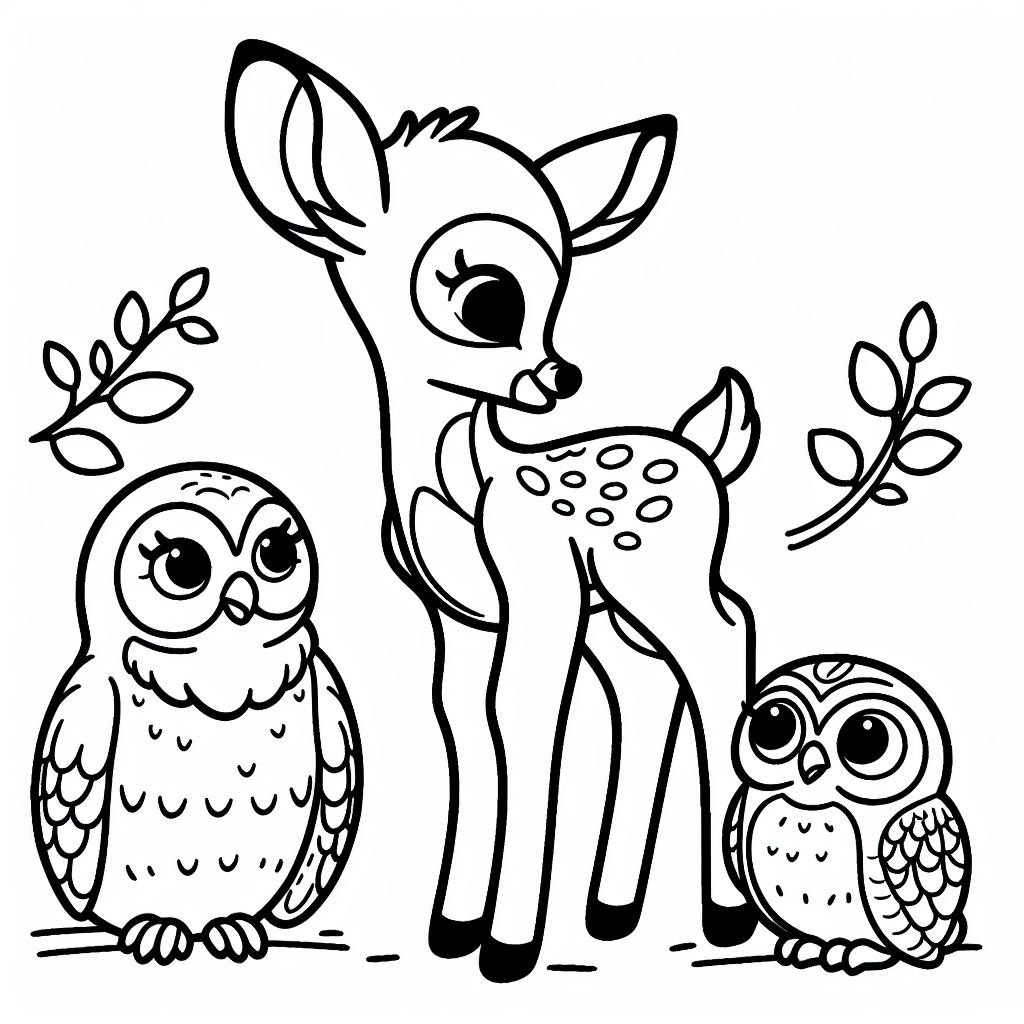 A deer and two owls sitting next to each other