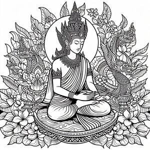 Một vị Phật ngồi trong tư thế hoa sen được bao quanh bởi những bông hoa