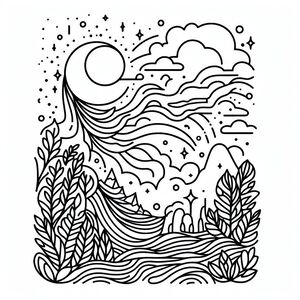 A black and white drawing of a landscape