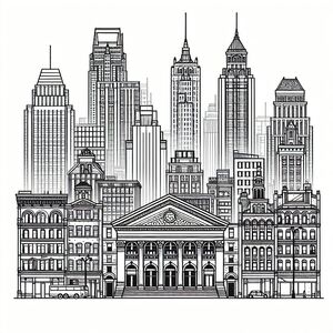 A black and white drawing of a city skyline