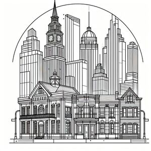 A black and white drawing of a city