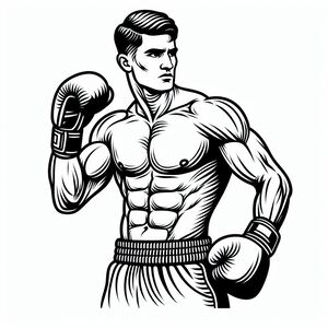 A black and white drawing of a man wearing boxing gloves