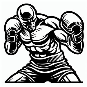 A black and white drawing of a man with boxing gloves