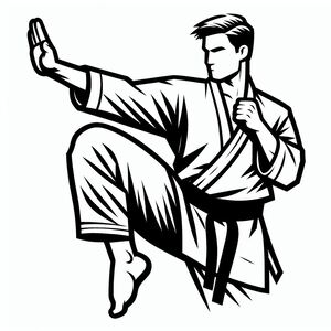 A black and white drawing of a man doing karate 3