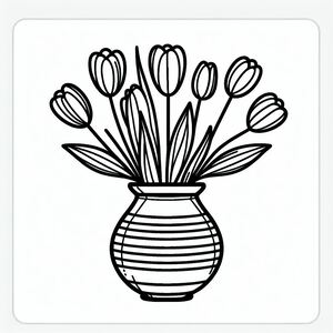 A black and white drawing of flowers in a vase