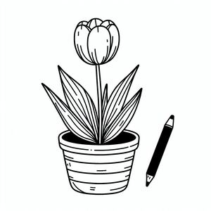 A potted plant with a flower and a pen