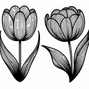 A black and white drawing of three flowers