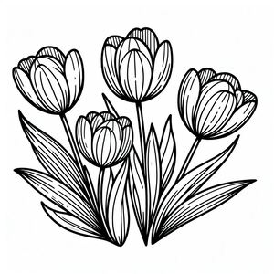 A black and white drawing of tulips