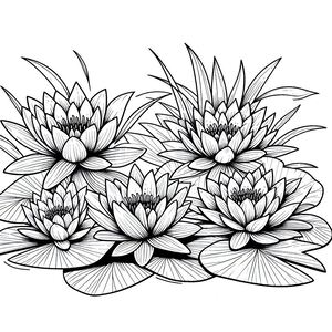A black and white drawing of water lilies